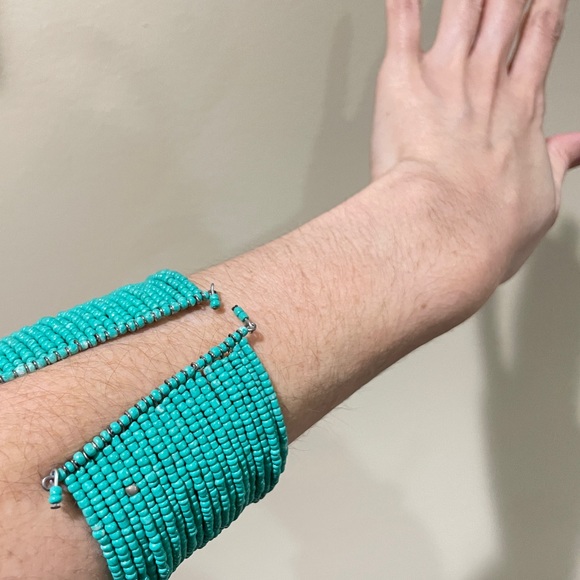 Turquoise and Silver Beaded Wide Bracelet Cuff - Picture 3 of 5